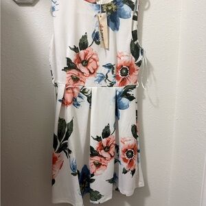 White Floral Sleeveless Fit & Flare Dress - Coral & Blue Blooms